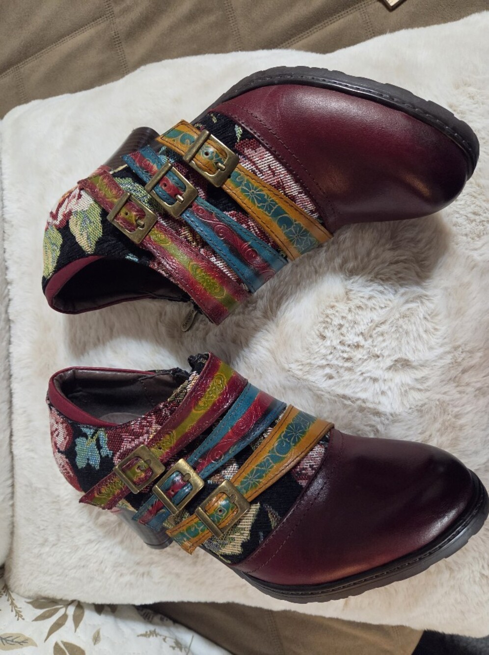 Socofy Multicolor Floral Strap Block Heel Shoes Burgundy Accent. Sz 39 Or 81/2 - Picture 4 of 13